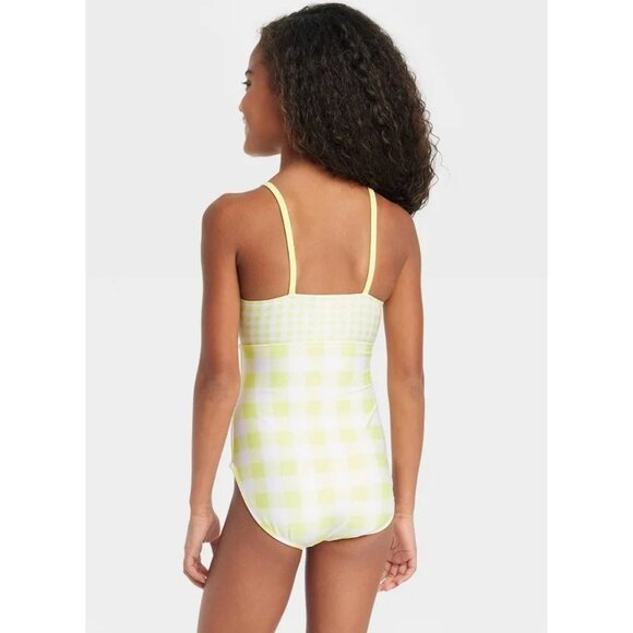 Girls Yellow & White Gingham One-Piece Swimsuit With Knot & Cutout Detail By Cat - Picture 2 of 4